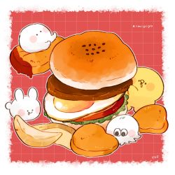 Rule 34 | 4others, artist name, bird, blush stickers, border, burger, character name, chick, chicken, chicken nuggets, commentary, creature, drooling, egg (food), english text, floating, floating object, food, food focus, fried egg, highres, ketchup, kimipiyo (tenmiyakiyo), lettuce, looking up, mochidako (tenmiyakiyo), multiple others, on food, original, oversized food, oversized object, potato wedges, rabbit, red background, sesame seeds, signature, solid circle eyes, symbol-only commentary, tenmiyakiyo, tsubumaru (tenmiyakiyo), usachii (tenmiyakiyo), white border