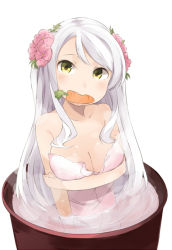 Rule 34 | 10s, 1girl, bad id, bad pixiv id, barrel, bathing, breast hold, breasts, carrot, drum (container), eve santaclaus, flower, hair flower, hair ornament, idolmaster, idolmaster cinderella girls, large breasts, long hair, mouth hold, naked towel, solo, totoki86, towel, white hair, yellow eyes