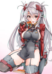 Rule 34 | 1girl, antenna hair, azur lane, blush, breasts, cross, dango, eating, food, food on clothes, garter straps, gradient background, hair between eyes, headgear, highres, iron cross, kneeling, large breasts, long hair, looking at viewer, medium breasts, multicolored hair, open mouth, prinz eugen (azur lane), red eyes, red hair, sezok, sideboob, silver hair, skewer, smile, solo, streaked hair, swept bangs, thigh strap, thighhighs, thighs, tongue, tongue out, two side up, upskirt, very long hair, wagashi