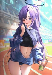 Rule 34 | 1girl, black halo, blue archive, blue buruma, blush, bottle, buruma, gym uniform, halo, highres, holding, holding bottle, jacket, long hair, long sleeves, looking at viewer, mechanical halo, navel, open mouth, porihu, purple hair, running track, solo, stadium, star sticker, sticker on face, track jacket, wiping sweat, wiping with clothes, yuuka (blue archive), yuuka (track) (blue archive)