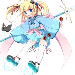 Rule 34 | 10s, 1girl, ahoge, bird, blonde hair, blue eyes, hair bobbles, hair ornament, japanese clothes, magical girl, mahou shoujo taisen, mahou shoujo taisen contest 1, nikku (ra), original, simple background, smile, solo, thighhighs, twintails, white background, white thighhighs