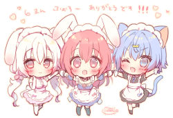 Rule 34 | 3girls, :d, ;d, animal ears, bare shoulders, black dress, black legwear, blue dress, blue eyes, blue hair, blush, breasts, cat ears, cat girl, cat tail, chibi, commentary request, dress, elbow gloves, fang, fish hair ornament, gloves, hair between eyes, hair ornament, holding hands, long hair, low twintails, maid headdress, medium breasts, multiple girls, one eye closed, onka, open mouth, original, puffy short sleeves, puffy sleeves, rabbit ears, red eyes, red hair, sakura (usashiro mani), shirt, short sleeves, signature, simple background, sleeveless, sleeveless dress, sleeveless shirt, smile, socks, standing, standing on one leg, star (symbol), star in eye, symbol in eye, tail, thighhighs, translation request, twintails, usashiro mani, very long hair, white background, white gloves, white hair, white legwear, white shirt, wrist cuffs