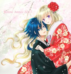 Rule 34 | 1boy, 1girl, 2017, :d, black kimono, blonde hair, blue eyes, blue hair, braid, cherry blossoms, code geass, code geass: boukoku no akito, couple, day, floating hair, flower, french text, furisode, hair between eyes, hair flower, hair ornament, hands on another&#039;s shoulders, happy new year, holding person, hyuuga akito, japanese clothes, kimono, komaichi, leila malcal, long hair, looking at viewer, new year, open mouth, outdoors, ponytail, purple eyes, red flower, red kimono, red rose, rose, single braid, smile, very long hair