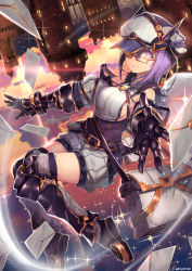 Rule 34 | 1girl, :3, absurdres, akizone, bag, breasts, building, envelope, explosion, foreshortening, gauntlets, glasses, hat, highres, house, large breasts, letter, letters, light, light purple hair, looking at viewer, original, outstretched arm, peaked cap, purple eyes, short shorts, shorts, shoulder bag, star-shaped pupils, star (symbol), sunlight, sunset, symbol-shaped pupils, thighhighs, upside-down, zettai ryouiki