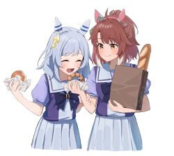 Rule 34 | ^ ^, absurdres, ahoge, animal ears, bag, baguette, bow, bowtie, bread, brown hair, cidersour, closed eyes, dantsu flame (umamusume), doughnut, ear covers, food, grey hair, hairband, highres, hishi miracle (umamusume), holding, holding bag, holding food, horse ears, horse girl, horseshoe ornament, looking at another, multicolored hair, pink hairband, pleated skirt, pon de ring, puffy short sleeves, puffy sleeves, purple bow, purple bowtie, purple shirt, sailor collar, sailor shirt, school uniform, shirt, shopping bag, short sleeves, simple background, skirt, smile, tracen school uniform, two-tone hair, umamusume, white background, white hair, white skirt, yellow eyes