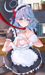 Rule 34 | 1girl, ako (blue archive), anger vein, animal collar, apron, bell, black dress, black pantyhose, blue archive, blue eyes, blue hair, blue halo, blush, book, breasts, cleavage, clenched teeth, collar, dress, frilled apron, frills, frown, hair between eyes, halo, heart, heart hands, highres, indoors, jingle bell, large breasts, long hair, looking at viewer, mi taro333, pantyhose, plant, potted plant, short sleeves, solo, teeth, white apron