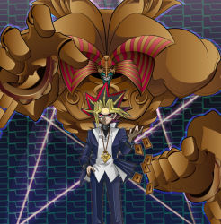 Rule 34 | 1boy, arm up, card, clenched hand, clenched teeth, collar, duel monster, dyed bangs, exodia, exodia the forbidden one, hand in pocket, jacket, jewelry, looking at viewer, male focus, millennium puzzle, monster, multicolored hair, necklace, open clothes, open jacket, pants, pentagram, red eyes, rope, smile, smirk, solo, spiked hair, summer tree (natsuking), summoning, teeth, third eye, yami yugi, yu-gi-oh!, yu-gi-oh! duel monsters