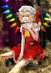 Rule 34 | 1girl, :q, blood, embodiment of scarlet devil, female focus, flandre scarlet, hat, legs, licking lips, lips, pointing, seko, side ponytail, sitting, solo, tongue, tongue out, touhou, wings