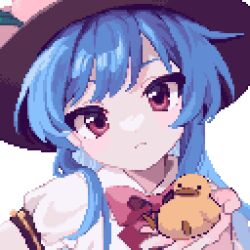 Rule 34 | 1girl, ahiru tokotoko, animal, bird, bird on hand, black headwear, blue hair, bow, bowtie, closed mouth, commentary request, duck, head tilt, highres, hinanawi tenshi, holding, holding animal, holding bird, long hair, looking at viewer, pixel art, portrait, red bow, red bowtie, red eyes, shirt, short sleeves, solo, touhou, white shirt