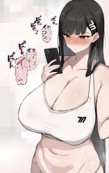 Rule 34 | 1girl, absurdres, belly, black hair, blue archive, blurry, blurry background, blush, breasts, cleavage, commentary request, hair ornament, hairclip, highres, holding, holding phone, huge breasts, long hair, looking at phone, narusan beam2, navel, panties, phone, red eyes, rio (blue archive), solo, sports bra, sweat, underwear, very long hair, white sports bra