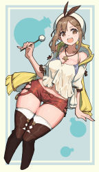 Rule 34 | 1girl, :d, arashi (alais), arm at side, atelier (series), atelier ryza, atelier ryza 1, beret, blue background, blush, border, breasts, brown eyes, brown hair, cleavage, clothing cutout, collarbone, commentary request, cropped legs, fangs, green background, hair ornament, hairclip, hand up, hat, head tilt, highres, holding, jacket, jewelry, large breasts, light blush, long sleeves, looking at viewer, midriff, navel, necklace, open clothes, open jacket, open mouth, partial commentary, red shorts, reisalin stout, shirt, short hair, short shorts, shorts, shoulder cutout, sidelocks, sleeveless, sleeveless jacket, smile, solo, star (symbol), star necklace, tareme, thigh gap, thighhighs, thighs, two-tone background, white hat, white shirt, white thighhighs, yellow jacket