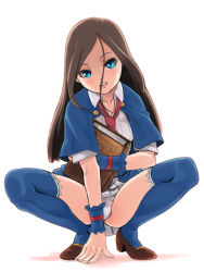 Rule 34 | 1girl, ascot, blue eyes, book, brown hair, castlevania (series), castlevania: portrait of ruin, charlotte aulin, female focus, hair between eyes, long hair, panties, parted lips, solo, squatting, stupa13a, thighhighs, underwear, white background, white panties