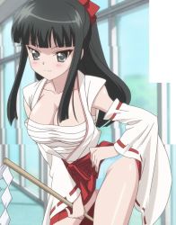 Rule 34 | 1girl, anime screenshot, black hair, breasts, cleavage, grey eyes, grey hair, hairdressing, hand on own hip, highres, indoors, interior, japanese clothes, large breasts, leaning forward, looking at viewer, mai kagura, miko, panties, ponytail, r-15 (series), sarashi, screencap, stitched, thighhighs, thighs, third-party edit, underwear