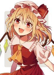Rule 34 | 1girl, blonde hair, blush, bow, commentary request, crystal, fang, flandre scarlet, hair bow, hat, looking at viewer, medium hair, mob cap, open mouth, pointy ears, red bow, red eyes, red skirt, red vest, shirt, short sleeves, side ponytail, skin fang, skirt, smile, solo, touhou, touya (konpekitou), upper body, vest, white hat, white shirt, wings, yellow neckwear