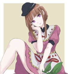 Rule 34 | 1girl, blunt bangs, breasts, brown hair, dress, expressionless, foot out of frame, foreshortening, grey background, hand on own face, hand up, hat, head tilt, holding, holding plant, kashiwada kiiho, knee up, looking at viewer, nishida satono, parted lips, plant, puffy short sleeves, puffy sleeves, purple dress, purple eyes, short hair with long locks, short sleeves, simple background, sitting, small breasts, solo, tate eboshi, touhou