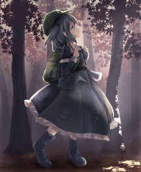 Rule 34 | 1girl, backpack, bad id, bad pixiv id, bag, belt, belt boots, blue eyes, blue footwear, blue hair, blue skirt, boots, breasts, collared shirt, commentary request, flat cap, frilled shirt, frills, full body, hat, highres, kawashiro nitori, key, leaf, light rays, long sleeves, looking up, medium hair, petticoat, pocket, shirt, skirt, small breasts, smile, solo, sunbeam, sunlight, touhou, tree, two side up, yukitourou