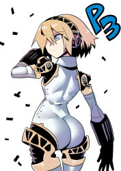 Rule 34 | 1girl, aegis (persona), android, ass, blonde hair, blue eyes, breasts, closed mouth, headphones, joints, persona, persona 3, robot joints, short hair, simple background, solo, tukiwani, white background