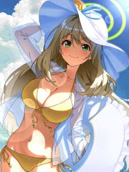 Rule 34 | 1girl, absurdres, bikini, blue archive, blue sky, brown hair, closed mouth, cloud, collarbone, commentary request, day, green eyes, halo, hand on headwear, hat, highres, kabu (niniko2ko), long hair, looking at viewer, navel, nonomi (blue archive), nonomi (swimsuit) (blue archive), side-tie bikini bottom, sky, smile, solo, swimsuit, white hat, yellow bikini
