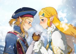 Rule 34 | 1boy, 1girl, blonde hair, blue eyes, blue headwear, blue ribbon, blush, braid, brown gloves, brown hair, cape, closed mouth, collar, commentary request, dress, ear piercing, earrings, from side, fur, fur collar, fur trim, gloves, green eyes, hair ornament, hair ribbon, hairclip, holding hands, hat, headwear request, holding, jewelry, link, long hair, long sleeves, looking at another, looking down, muse (rainforest), nintendo, open mouth, piercing, pointy ears, princess zelda, ribbon, royal guard set (zelda), sidelocks, simple background, snow, the legend of zelda, the legend of zelda: breath of the wild, thick eyebrows, triforce, upper body, white gloves, winter, winter clothes