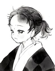 Rule 34 | 1boy, aged down, checkered clothes, crying, earrings, greyscale, half-closed eyes, hanafuda earrings, highres, japanese clothes, jewelry, kamado tanjirou, kimetsu no yaiba, kimono, looking away, male focus, monochrome, ponytail, portrait, scar, scar on face, scar on forehead, simple background, siomy 0, solo