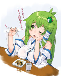 Rule 34 | 1girl, ahoge, bare shoulders, blush, breasts, cleavage, collared shirt, cup, dated, detached sleeves, frog hair ornament, green eyes, green hair, hair ornament, highres, japanese clothes, kei jiei, kochiya sanae, large breasts, long hair, miko, nipples, nontraditional miko, one eye closed, sexually suggestive, shirt, simple background, skirt, snake hair ornament, solo, table, touhou, white background, white shirt
