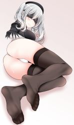 Rule 34 | 1girl, 2b (nier:automata), 2b (nier:automata) (cosplay), absurdres, ass, black dress, black hat, black shirt, blindfold, blush, breasts, brown thighhighs, closed mouth, cosplay, covered eyes, cropped shirt, dress, feet, foot focus, full body, gloves, gradient background, grey background, hair between eyes, hair over eyes, hand on own stomach, hat, highres, huge filesize, juliet sleeves, kantai collection, kashima (kancolle), large breasts, legs together, leotard, long hair, long sleeves, looking at viewer, lying, nier:automata, nier (series), no pants, no shoes, on floor, on side, oouso, puffy sleeves, shirt, silver hair, skirt, smile, soles, solo, sweat, thighhighs, thong leotard, toes, twintails, unworn skirt, vambraces, white gloves, white leotard