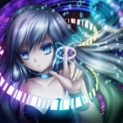 Rule 34 | 1girl, bare shoulders, blue eyes, choker, collarbone, grey hair, long hair, looking at viewer, shitou, solo, sound voltex