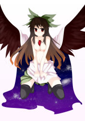 Rule 34 | 1girl, black thighhighs, breasts squeezed together, breasts, brown hair, cape, female focus, full body, hair ribbon, long hair, nipples, noirly, red eyes, reiuji utsuho, ribbon, solo, thighhighs, topless, touhou, white background, wings
