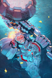 Rule 34 | 1boy, alternate costume, artist name, autumn leaves, beard, bodysuit, brick floor, clenched teeth, facial hair, falling leaves, gauntlets, glowing, hammer, highres, holding, holding weapon, huge weapon, knee pads, leaf, male focus, missing eye, nana nakano, old, old man, open mouth, orange eyes, overwatch, overwatch 1, reinhardt (overwatch), scar, scar across eye, scar on face, shoulder pads, solo, teeth, war hammer, warhammer, water, weapon, white hair