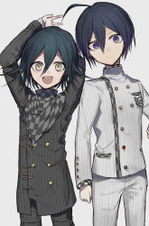 Rule 34 | 2boys, absurdres, ahoge, alternate costume, alternate eye color, bad id, bad pixiv id, black hair, checkered clothes, checkered scarf, commentary request, danganronpa (series), danganronpa v3: killing harmony, hair between eyes, highres, huyuharu0214, jacket, long sleeves, looking at viewer, male focus, multiple boys, oma kokichi, open mouth, pants, purple eyes, purple hair, saihara shuichi, scarf, short hair, simple background, smile, straitjacket, striped clothes, striped jacket, striped legwear, striped pants, vertical-striped clothes, vertical-striped pants, white background, white jacket