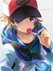 Rule 34 | 1boy, artist name, bag, baseball cap, blue jacket, brown hair, candy, cocoloco, collarbone, commentary request, creatures (company), eating, food, game freak, hand up, hat, hilbert (pokemon), holding, holding stick, hood, hood down, jacket, lens flare, lollipop, looking to the side, male focus, nintendo, poke ball print, pokemon, pokemon bw, shoulder bag, solo, stick, zipper pull tab