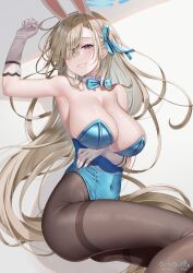 Rule 34 | 1girl, animal ears, arm up, armpits, asuna (blue archive), asuna (bunny) (blue archive), bare shoulders, blonde hair, blue archive, blue eyes, blue leotard, bow, bowtie, breast hold, breasts, brown pantyhose, cleavage, covered navel, detached collar, fake animal ears, gloves, grin, hair over one eye, hair ribbon, hairband, highleg, highleg leotard, large breasts, leotard, long hair, looking at viewer, mole, mole on breast, natsume koji, official alternate costume, pantyhose, playboy bunny, rabbit ears, ribbon, smile, solo, strapless, strapless leotard, thighband pantyhose, thighs, very long hair, white gloves, white hairband