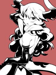 Rule 34 | 1girl, breasts, curly hair, demon girl, demon horns, demon tail, dress, elbow gloves, fang, from behind, gloves, gorget, hand in own hair, high contrast, horns, large breasts, long hair, looking back, maou beluzel, matsuda yuusuke, monochrome, pink background, revision, solo, strapless, strapless dress, tail, yuusha to maou