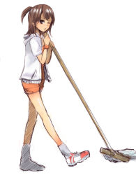 Rule 34 | 00s, 1girl, ;o, akashi yuuna, bare legs, broom, brown eyes, brown hair, cleaning, from side, full body, grey socks, holding, holding broom, hood, hooded jacket, jacket, looking at viewer, looking to the side, mahou sensei negima!, masaki (celesta), mop, one eye closed, one side up, open clothes, open jacket, open mouth, orange shorts, pocket, scrunchie, shiny skin, shoes, short hair, short sleeves, shorts, simple background, sneakers, socks, solo, walking, white background, white jacket, wink, wrist scrunchie