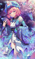 Rule 34 | 1girl, bare shoulders, blue hat, blue kimono, bug, butterfly, cherry blossoms, detached sleeves, floral print, folding fan, hand fan, hat, highres, holding, holding fan, insect, japanese clothes, kimono, kiramarukou, looking at viewer, mob cap, outdoors, pink eyes, pink hair, saigyouji yuyuko, short hair, smile, solo, standing, touhou, triangular headpiece, wide sleeves