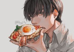 Rule 34 | 1boy, absurdres, bacon, black hair, bread, collared shirt, commentary request, covered mouth, dress shirt, eating, egg (food), fatalbug896, food, food focus, grey background, grey eyes, herb, highres, holding, holding food, long sleeves, looking at viewer, male focus, original, partially unbuttoned, portrait, sandwich, shirt, short hair, signature, simple background, solo, sunny side up egg, tomato, tomato slice, white shirt