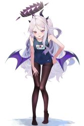 Rule 34 | 1girl, absurdres, bare arms, bat wings, black pantyhose, black wings, blue archive, blush, breasts, collarbone, covered navel, demon girl, demon horns, demon wings, flying sweatdrops, full body, highres, hiiragi mikoto, hina (blue archive), horns, long hair, low wings, name tag, no shoes, old school swimsuit, one-piece swimsuit, open mouth, pantyhose, pantyhose under swimsuit, purple eyes, school swimsuit, simple background, small breasts, solo, standing, swimsuit, thighband pantyhose, very long hair, whistle, whistle around neck, white background, wings