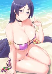 Rule 34 | 1girl, armlet, bare shoulders, beach, beads, bikini, blush, breasts, choker, cleavage, collarbone, day, eyepatch bikini, fate/grand order, fate (series), hip focus, huge breasts, long hair, looking at viewer, low-tied long hair, minamoto no raikou (fate), minamoto no raikou (fate/grand order), minamoto no raikou (swimsuit lancer) (fate), navel, outdoors, parted bangs, purple bikini, purple eyes, purple hair, sama samasa, side-tie bikini bottom, sitting, smile, solo, strap pull, swimsuit, thighs, very long hair