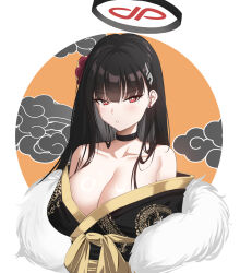 Rule 34 | 1girl, alternate costume, black choker, black hair, black kimono, blue archive, breasts, choker, cleavage, dori (choejeongmin7), dragon print, hair ornament, hairpin, halo, highres, japanese clothes, kimono, large breasts, long hair, looking at viewer, parted lips, red eyes, rio (blue archive), solo, upper body