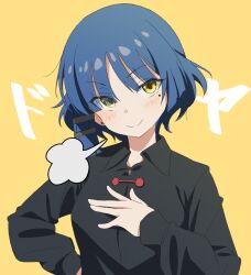 Rule 34 | 1girl, black shirt, blue hair, bocchi the rock!, earrings, eitopondo, eyes visible through hair, hair ornament, hairclip, hand on own chest, hand on own hip, highres, jewelry, long sleeves, mole, mole under eye, shirt, short hair, simple background, smile, solo, yamada ryo, yellow background, yellow eyes