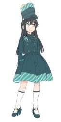 Rule 34 | 1girl, alternate costume, arms behind back, asashio (kancolle), black dress, black footwear, black hair, blue eyes, commentary request, dress, full body, hat, kantai collection, kneehighs, long hair, looking to the side, simple background, socks, solo, standing, tamu (mad works), white background, white socks