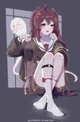 Rule 34 | 1girl, absurdres, brown hair, feet, genshin impact, highres, hu tao (genshin impact), loafers, long hair, looking at viewer, shoes, unworn shoes, single shoe, socks, steam, sweat, symbol-shaped pupils, twintails, white socks