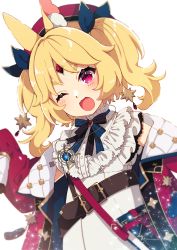 Rule 34 | 1girl, ;d, aldin nicola, animal ear fluff, animal ears, belt, belt buckle, beret, black bow, blonde hair, blue bow, blue ribbon, blush, bow, brooch, brown belt, buckle, commentary request, dress, forehead jewel, hair ribbon, hat, head tilt, highres, indie virtual youtuber, jacket, jewelry, mamyouda, one eye closed, open clothes, open jacket, open mouth, red eyes, red hat, red jacket, ribbon, short eyebrows, simple background, sleeveless, sleeveless dress, smile, solo, striped, striped bow, thick eyebrows, twintails, upper body, virtual youtuber, white background, white dress