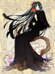 Rule 34 | 1girl, black capelet, black dress, blunt ends, brooch, capelet, dairoku ryouhei, dress, earrings, flower, full body, gem, green eyes, green hair, hair between eyes, hair flower, hair ornament, holding, holding flower, in tree, jewelry, l (matador), lace-trimmed capelet, lace trim, long dress, long hair, long sleeves, looking at viewer, nail polish, official art, parted lips, pointy ears, red flower, red gemstone, red nails, sitting, sitting in tree, smile, solo, spider lily, tengai kasoke, tree, very long hair, yellow background