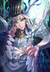Rule 34 | 1other, black hair, chinese clothes, closed mouth, commentary request, eyeshadow, fate/grand order, fate (series), feather-trimmed sleeves, feathers, forehead, forehead jewel, gem, green eyeshadow, green pupils, guan hat, hair ornament, hand on own face, hat, highres, horn ornament, horns, jewelry, liquid, long hair, long sleeves, looking at viewer, makeup, mercury (element), mian guan, multicolored hair, nail, red eyes, red eyeshadow, shi huang di (fate), shi huang di (third ascension) (fate), smile, suikatabetaifrom, two-tone hair, very long hair, white hair