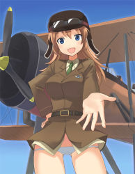 Rule 34 | 1girl, aircraft, airplane, biplane, charlotte e. yeager, fairey swordfish, goggles, goggles on head, green necktie, hand on own hip, hip focus, lowleg, lowleg panties, necktie, nishikawa ari, no pants, outstretched arm, panties, reaching, solo, standing, strike witches, underwear, world witches series