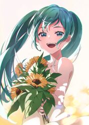Rule 34 | 1girl, absurdres, aqua eyes, aqua hair, backlighting, bare shoulders, bouquet, commentary, dress, eriko (nakaeri gogo), flower, half-closed eyes, hatsune miku, highres, holding, holding bouquet, long hair, looking at viewer, open mouth, smile, solo, standing, strapless, strapless dress, sundress, sunflower, twintails, vocaloid, white dress, wind