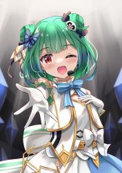 Rule 34 | 1girl, ;d, absurdres, bare shoulders, beckoning, belt, blue hair, blue neckwear, blue skirt, bow, bowtie, butterfly hair ornament, double bun, earrings, flat chest, gloves, gradient hair, green hair, hair bun, hair ornament, hair ribbon, headset, highres, hololive, hololive idol uniform, idol, idol clothes, jewelry, kyouwashi, layered skirt, medium hair, miniskirt, multicolored hair, official alternate costume, one eye closed, open mouth, reaching, reaching towards viewer, red eyes, ribbon, skirt, skirt set, skull earrings, skull hair ornament, sleeveless, smile, uruha rushia, vest, virtual youtuber, white bow, white gloves, white skirt, white vest, wrist cuffs