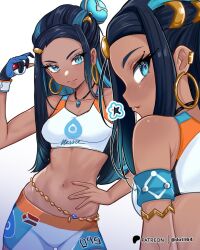 Rule 34 | 1girl, :3, puff of air, armband, armlet, belly chain, black gloves, black hair, blue eyes, blue gloves, blue hair, blush, breasts, closed mouth, commentary, cowboy shot, creatures (company), crop top, dark skin, datli64, earrings, english commentary, from behind, game freak, gloves, groin, hair ornament, hand on own hip, highres, holding, holding poke ball, hoop earrings, jewelry, light smile, long hair, looking at viewer, medium breasts, midriff, multicolored clothes, multicolored gloves, multicolored hair, multiple views, navel, necklace, nessa (pokemon), nintendo, partially fingerless gloves, patreon logo, patreon username, poke ball, pokemon, pokemon swsh, simple background, single glove, smile, sportswear, streaked hair, white background, wristband
