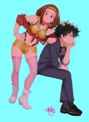 Rule 34 | 10s, 1boy, 1girl, ankle boots, bare shoulders, black footwear, black hair, black neckwear, black thighhighs, blue background, blue nails, blush stickers, boku no hero academia, boots, breasts, brown eyes, brown hair, candy, cigarette, coat, collarbone, commentary, cosplay, cowboy bebop, dress shirt, dress shoes, faye valentine, faye valentine (cosplay), food, freckles, full body, hairband, hand on own hip, head rest, high heel boots, high heels, highres, holding, holding food, justin leyva (steamy tomato), lollipop, looking at viewer, looking away, loose necktie, messy hair, midoriya izuku, nail polish, navel, necktie, pink footwear, pink thighhighs, shirt, short hair, shorts, signature, simple background, spike spiegel, spike spiegel (cosplay), stomach, thighhighs, uraraka ochako, yellow hairband, yellow shirt, yellow shorts